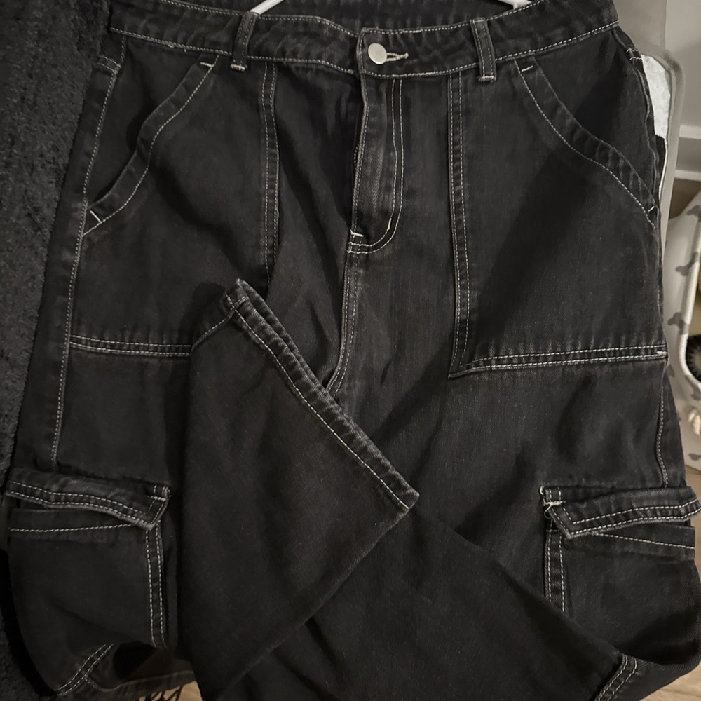 Black Cargo Jeans- white stitching